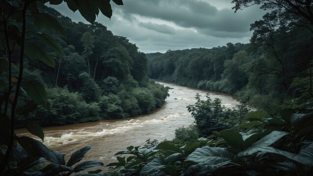 A river winds through the valley, bordered by lush green forest. The water flows smoothly beneath the overcast sky, establishing a peaceful and tranquil environment. - Powered by Adobe