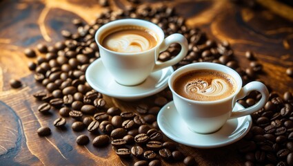 Fototapeta premium Close-up of two ceramic cups filled with hot coffee and coffee beans on a wooden table