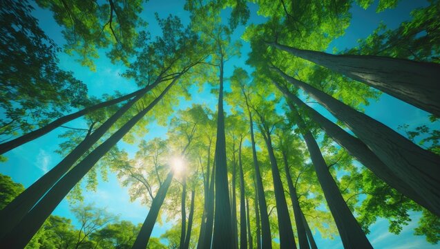Eucalyptus forest at Munnar, Kerala. Wide-angle view from below toward the blue sky. Arbor Day celebration. Cannot see the forest for the trees. Incredible India. - Powered by Adobe