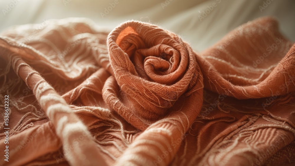 Poster close-up of a textured textile in earthy hues showcasing intricate pattern and elegant drape that em