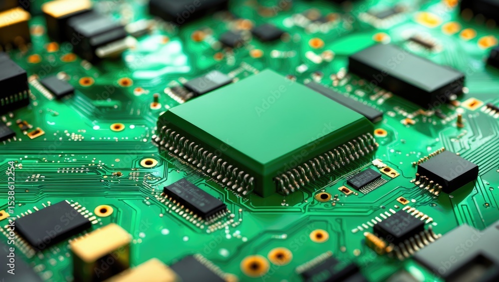 Poster close-up of a printed computer circuit board with a green circuit board background of a motherboard,