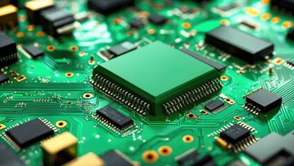Fototapeta premium Close-up of a printed computer circuit board with a green circuit board background of a motherboard, Circuit board background.