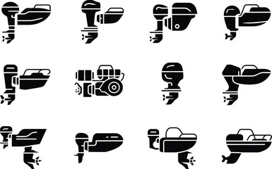 Collection of boat engines and outboard motors in minimalist black silhouette style