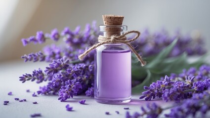 Glass bottle of Lavender essential oil accompanied by dried lavender flowers and seeds on a white table, representing aromatherapy spa massage concept. Lavendula oleum