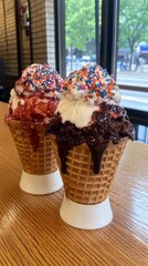 Delicious ice cream cones with chocolate and berry toppings on waffle cones