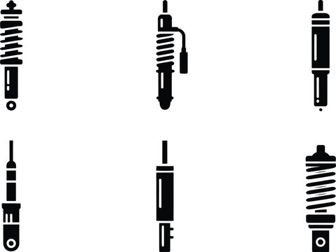 Set of detailed black and white illustrations depicting various automotive shock absorber designs