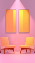 Modern pink and orange interior with two armchairs and framed art