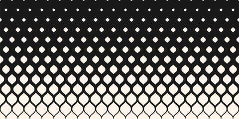 Obraz na płótnie Canvas Abstract geometric pattern with halftone effect, fading shapes, leaves, drops, mesh, grid. Horizontally seamless background. Trendy vector black and white halftone texture. Repeated monochrome design