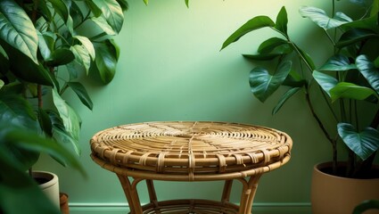 Empty podium on a green background with green leaves. Natural product display for presentation. Eco friendly and attractive showcase made from natural materials for new products and promotional sale.