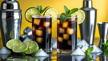Cuba libre or Long Island summer cocktail, served with iced cola, lime, and mint. Iced sweet long alcoholic beverage with crushed ice and bar tools on a vibrant golden-beige background.