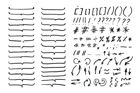 Marker felt pen or crayon doodle text frames, direction arrows and text marks emphasis scribbles collection. Headline doodle underline hand drawn set.