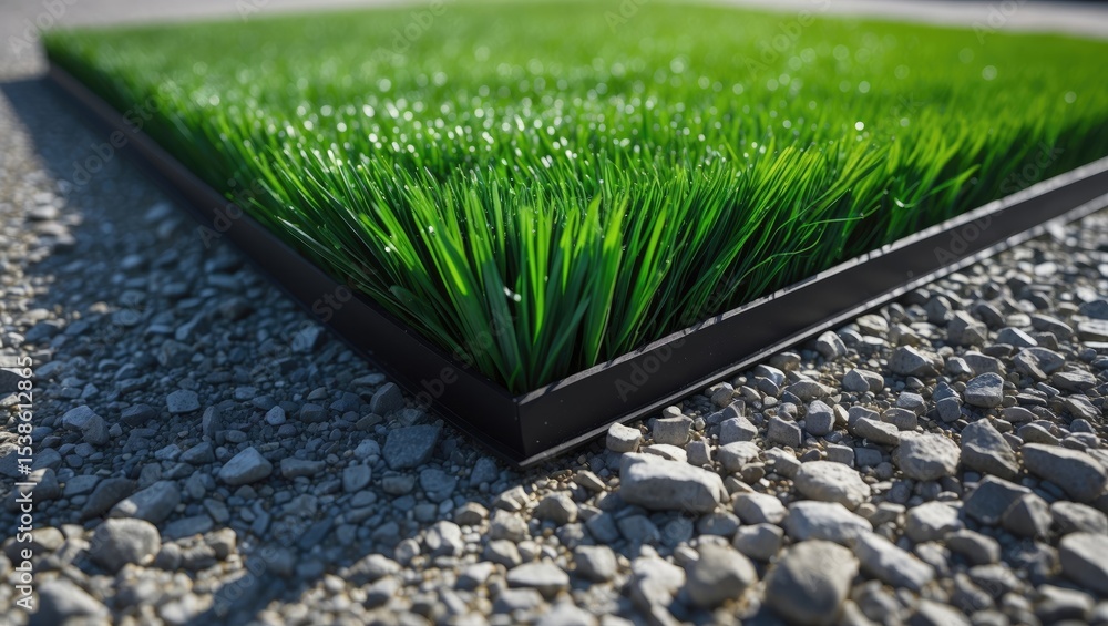 Poster closeup installation of football field with artificial turf with grass. close up of line of an artif