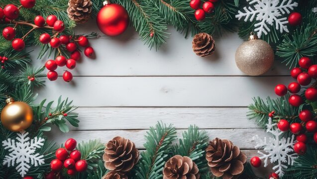 Christmas background featuring decorating elements and ornaments rustic on a white wood table with a snowflake. Creative flat layout and top view composition with border and copy space design. - Powered by Adobe
