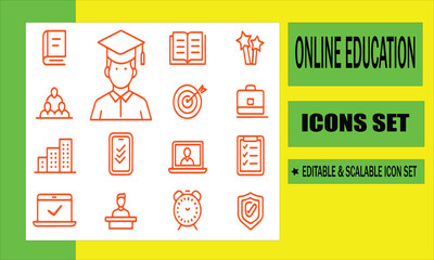 Education Icon Set: A collection of sleek, editable icons, illustrating diverse facets of education and online learning, ideal for educational platforms.