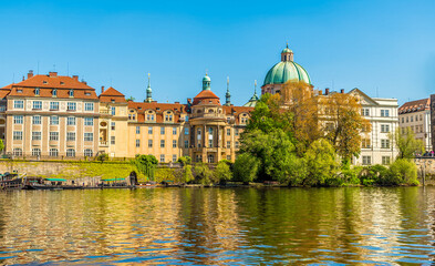 A view along the eastern shore of the Vltava river in Prague in springtime
