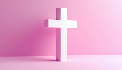 Obraz premium White Christian Cross on Pink Background, Faith Symbolism, Easter Holiday