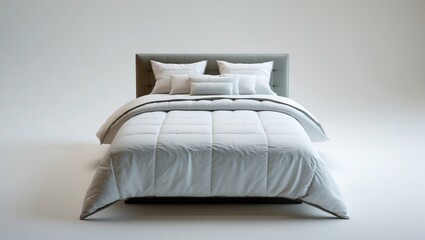 Modern bedroom architecture illustration featuring a double bed, headboard, and floor plan from above