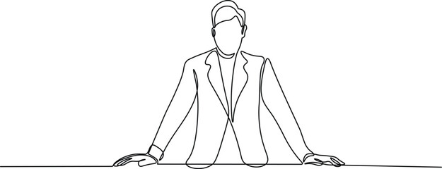 Man standing with hands on table in continuous line drawing style. Minimalist black linear sketch of businessman isolated on white background. Vector illustration