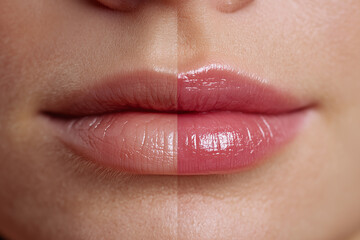 photorealist split lips portrait: left ultra-thin dehydrated, right plump post-hyaluronic acid, same natural pale lip shade, no makeup, ultra-high detail, beauty studio lighting, minimal background, s