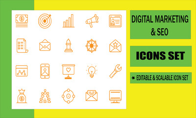 Digital Marketing and SEO Icons Set: A comprehensive set of flat design icons perfect for digital marketing and SEO-related projects, featuring various symbols for web analytics, social media.