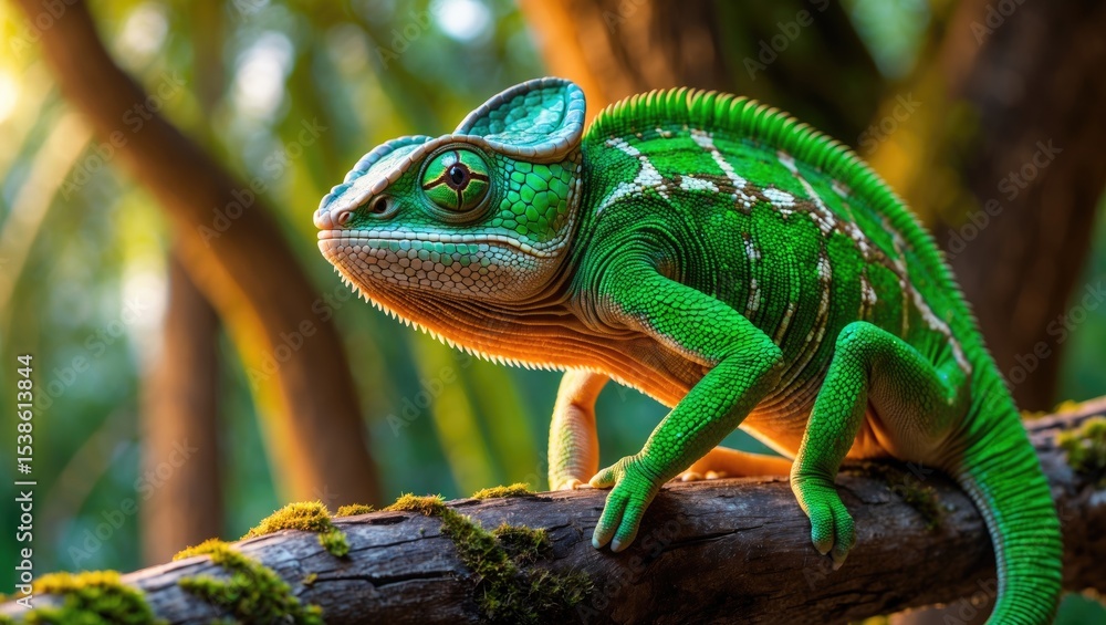 Poster close-up of a green chameleon on a tree limb; a detailed view of a chameleon.