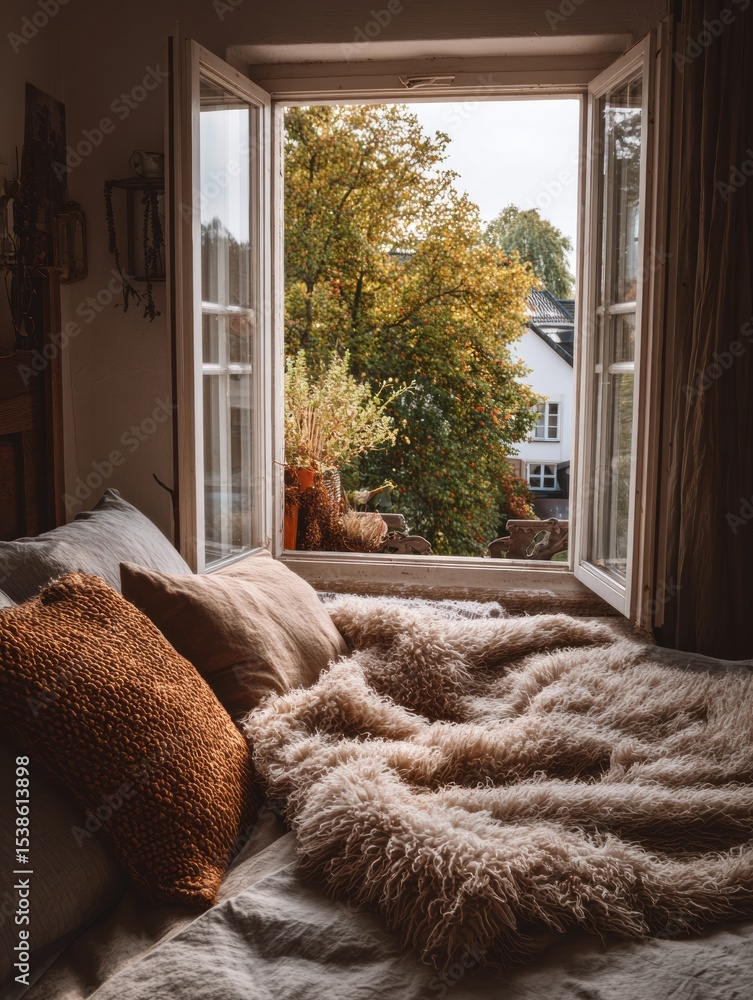 Poster Cozy Warm Room With a Blanket and an Open Window Inviting the Natural Light and View of Trees and a House Outside