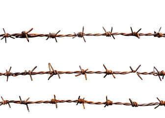 Rusty barbed wire fence with concrete posts isolated on white background