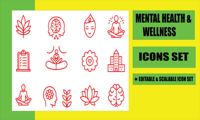 Mental Health & Wellness Icons Set: A collection of red outlined icons, conveying the essence of well-being, mindfulness, and mental health.