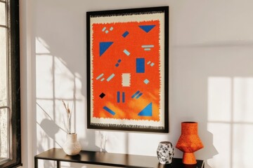 Framed abstract art on wall with geometric patterns in bright modern interior setting