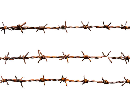 Rusty barbed wire fence with concrete posts isolated on white background