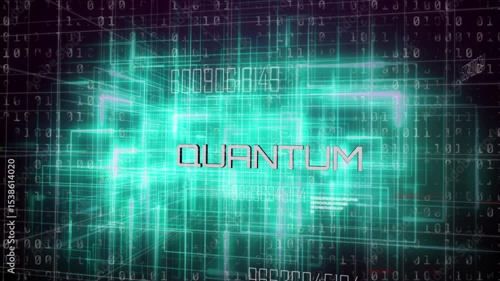 Poster following binary digits cascading, teal 3d wireframe block rotating in grid space with quantum logo