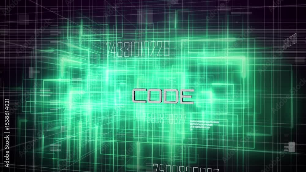 Poster opening 3d neon wireframe grid coalescing in matrix center, with code label pulsing, floating codes