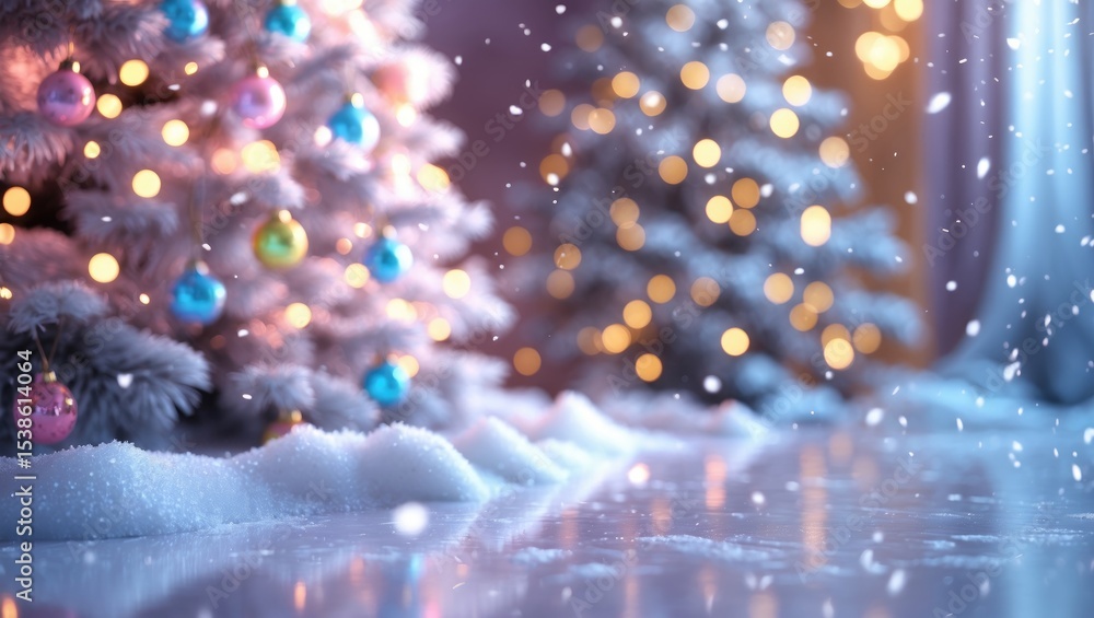 Poster empty white marble stone table top on blurred background with bokeh christmas tree and new year's de