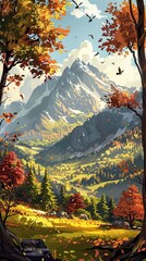 Calm cartoon forest landscape showing colorful trees and soft lighting