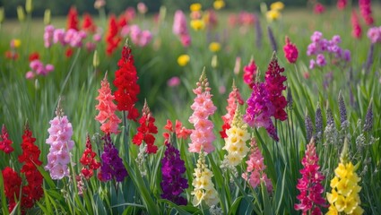 Gladiolus flowers blooming vividly in the garden.