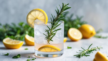 Fototapeta premium A cocktail featuring gin, tonic, lemon, and rosemary fizz along with honey and fresh herbs on a white background.