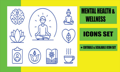 Mental Health and Wellness Icons: A collection of serene icons, perfect for symbolizing mental health, wellness, and mindfulness.