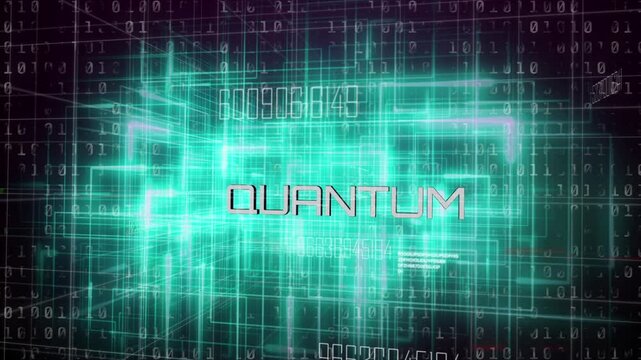 Following binary digits cascading, teal 3D wireframe block rotating in grid space with QUANTUM logo