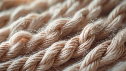 Fototapeta premium A close-up of a soft, beige yarn with a fluffy texture. The fibers are intertwined and give a warm, cozy look. This type of yarn is frequently used for knitting clothing like sweaters.