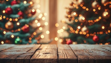 Empty wooden table with blurred Christmas tree and falling snow background bokeh, holiday backdrop, mock-up banner for online product promotion display