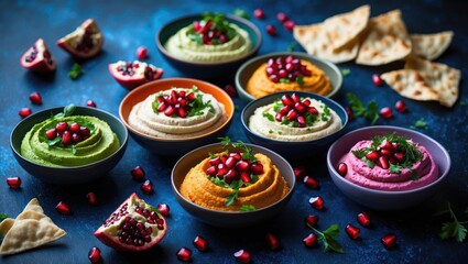 Colorful hummus bowls background. Varieties of dips. Traditional hummus, herbs hummus, beetroot hummus, spread. Assorted meze and dips served with crispy pita. Space for text. Meze and snacks concept