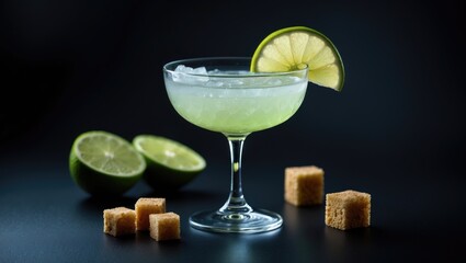 Classic daiquiri on a dark background. Premium craft beverage. Garnished with a lime slice in a glass on a slender stem. Nearby the table, there is a whole lime and brown sugar cubes.