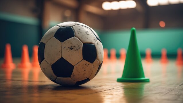 Futsal practice pitch with an indoor soccer ball and training equipment on the wooden floor, featuring football training cones and markers in the blurred background.