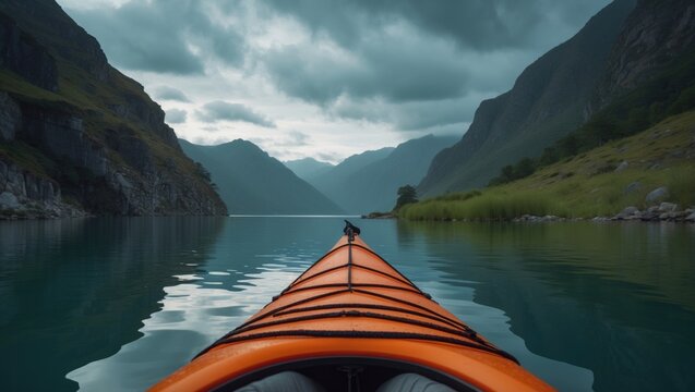Front view from an orange kayak traveling across a peaceful mountain lake bordered by rugged cliffs and misty clouds, with reflections of the sky and dramatic weather conditions