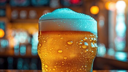 Close-up of a glass of tasty cold beer with foam and condensation drops serving as the background
