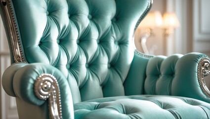 Close-up of a luxurious blue upholstered chair featuring tufted buttons and nailhead trim, highlighting intricate craftsmanship. Taken in a contemporary, stylish interior environment.