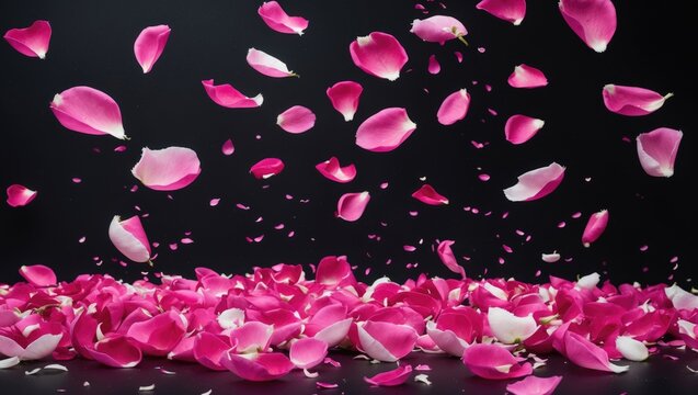Falling rose petals overlay on black background, vibrant petals drifting in dark space, romantic floral scene, delicate flower fragments, dreamy ambiance, love-themed design - Powered by Adobe