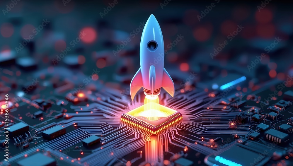 Poster fiery rocket with glowing flames ascends from microchip on electronic circuit board, symbolizing tec