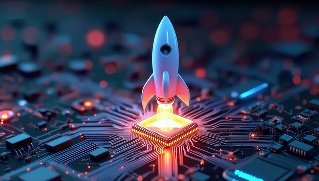 Fiery rocket with glowing flames ascends from microchip on electronic circuit board, symbolizing technological breakthrough and digital innovation in business technology, 3D rendered abstract concept.