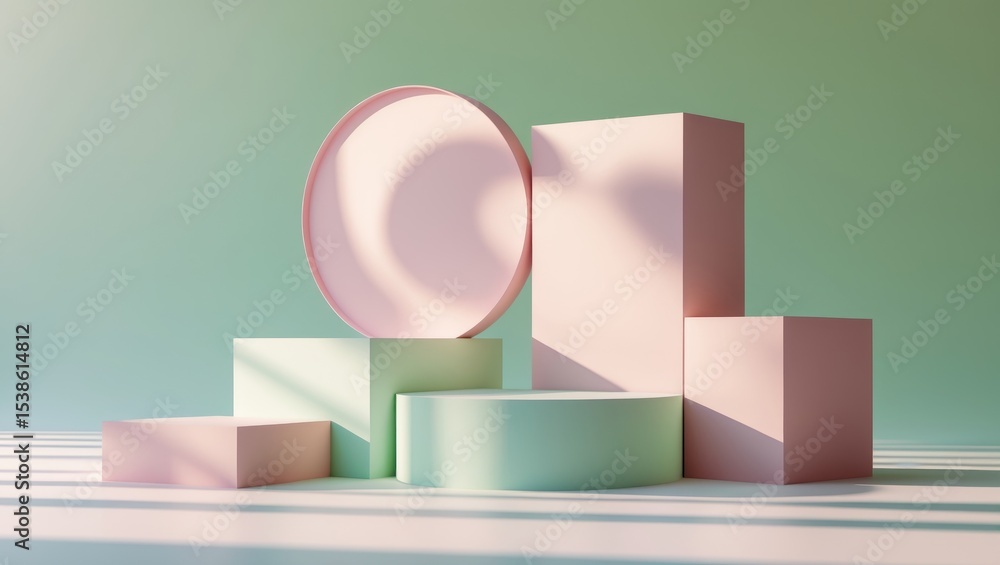 Poster green background featuring a display stand for products with 3-d rendering. an empty platform with a